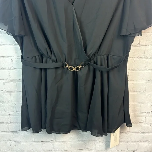 BloomChic Black Flutter Sleeve Wrap Peplum Blouse Plus Size 3X - Picture 6 of 7
